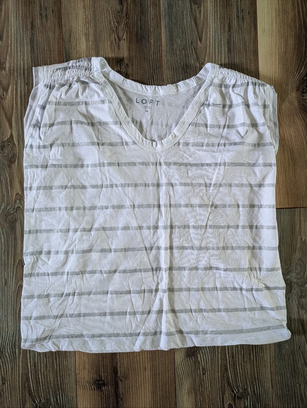 Loft White & Silver‎ Sparkle Striped Scrunch Shoulder V Neck Tank Top